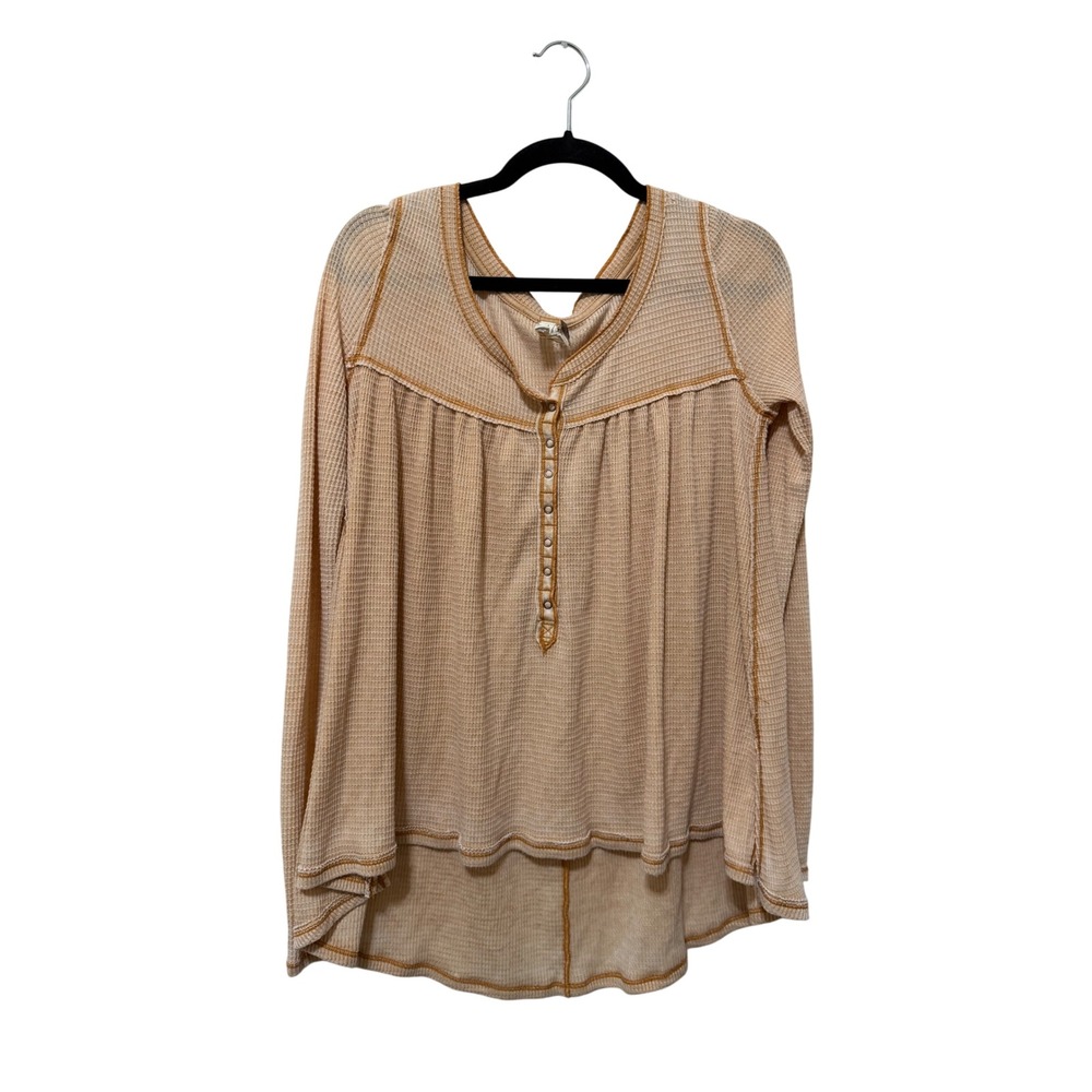Free People Women's S Peach Waffle Knit Long Sleeve Henley‎ Hi Low Top